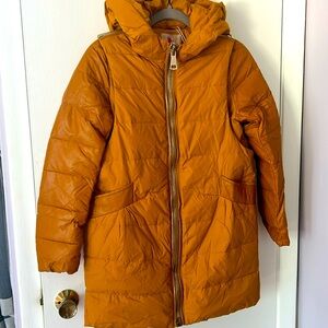 Down feather winter coat with leather trim